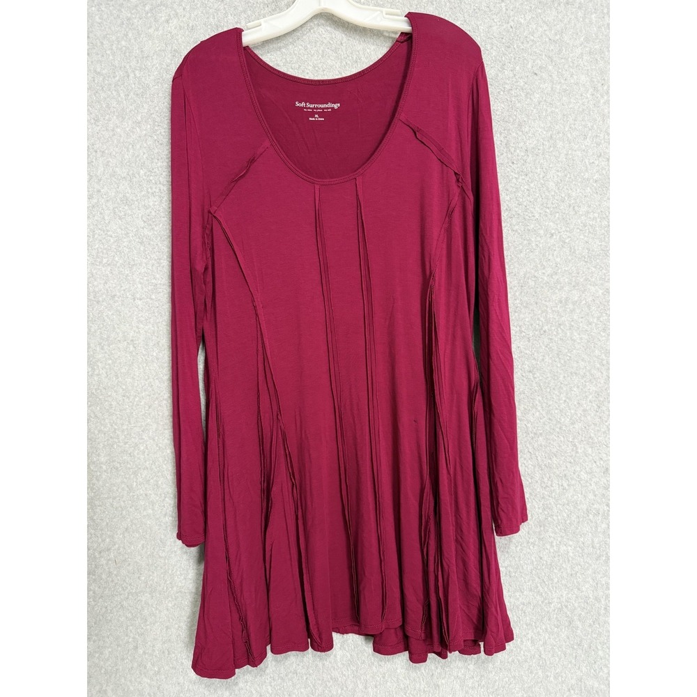 Soft Surroundings Blouse Womens XL‎ Red Pleated Scoop Neck Tunic Top Long Sleeve